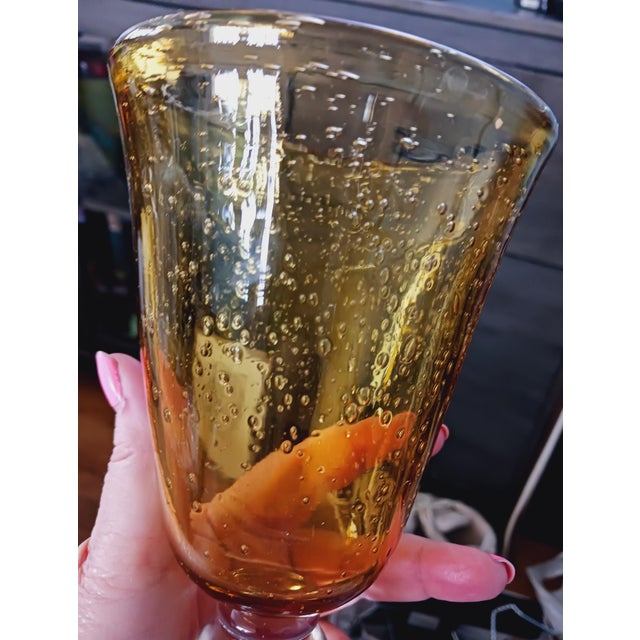 1960s Artland Vintage Hand Blown Amber Bubble Glass Goblets Set For Sale - Image 10 of 15