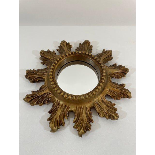 Mid-Century Modern Vintage 1960s Petite 8.5" Acanthus Leaf Sunburst Wall Mirror For Sale - Image 3 of 16