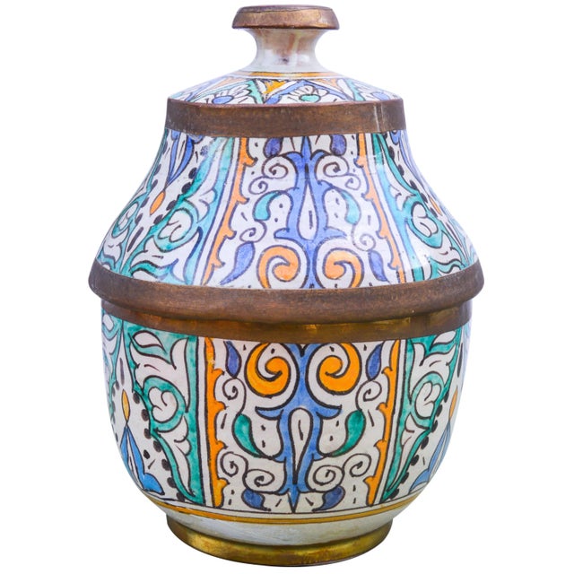 Turquoise Moroccan Ceramic Lidded Bowl With Arabesque For Sale - Image 8 of 12