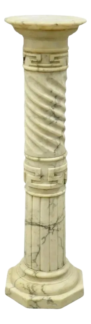 Early 20th Century Italian Neoclassical Spiral Carved Marble Greek Key Column Pedestal Plant Stand