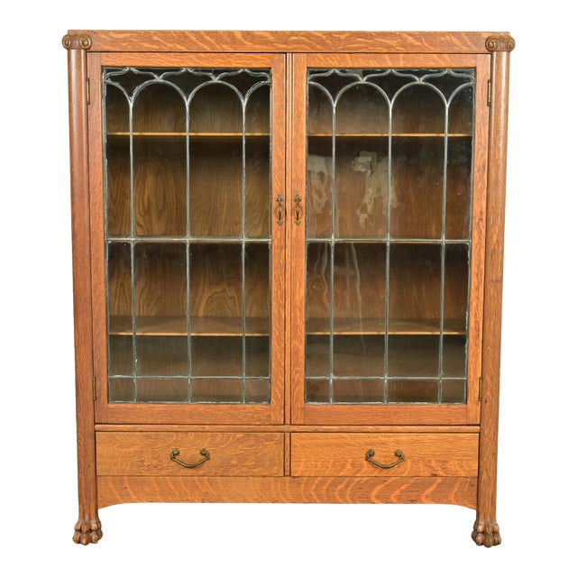 R. J. Horner Style Antique American Empire Carved Tiger Oak Double Bookcase Cabinet With Leaded Glass Doors, Circa 1890s For Sale