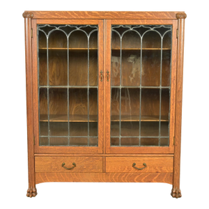 R. J. Horner Style Antique American Empire Carved Tiger Oak Double Bookcase Cabinet With Leaded Glass Doors, Circa 1890s