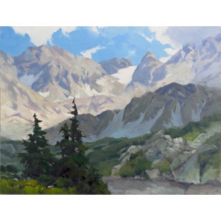 This Too Shall Pass by Judd Mercer | Oil on panel Landscape of mountains and trees under a blue sky. For Sale