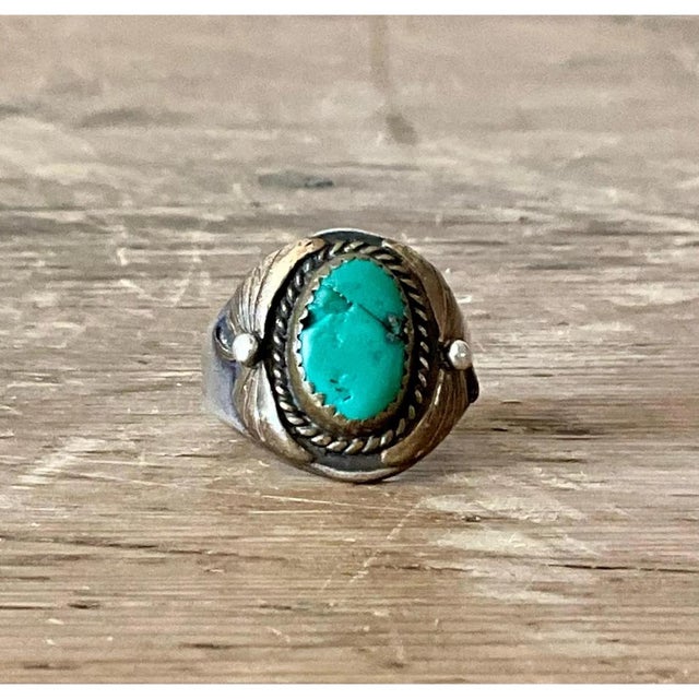 Vintage Boho Turquoise Native American Sterling Silver Ring 7.75 For Sale - Image 12 of 12