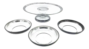 1950's Dorothy Thorpe Silver Banded Glass Cake Stand and Serving Bowls Set - 4 Pieces