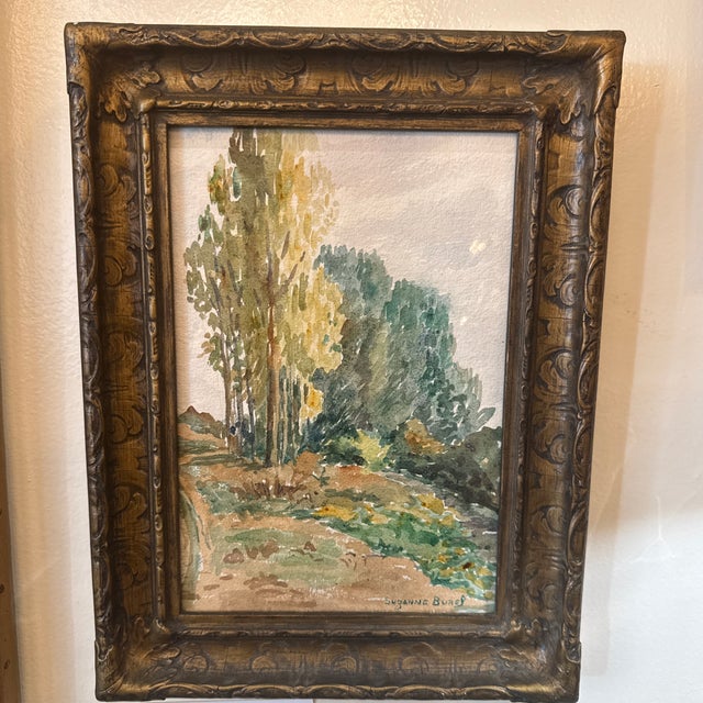 Green 20th Century Suzanne Burel Original French Watercolor in Antique Frame - Signed For Sale - Image 8 of 8