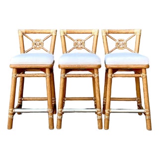 Vintage McGuire Wrapped Rattan Bar Stools - Set of 3 For Sale