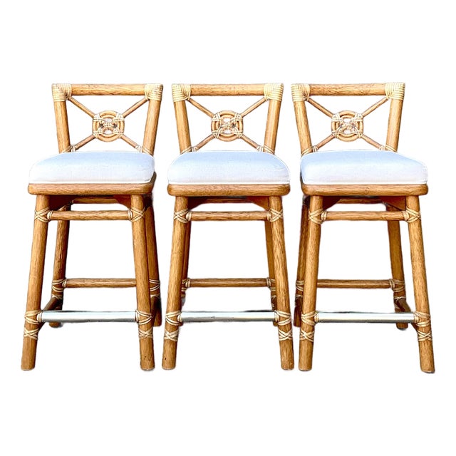 Vintage McGuire Wrapped Rattan Bar Stools - Set of 3 For Sale