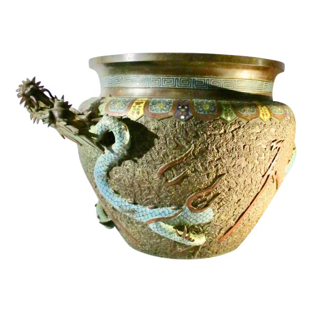 Japanese Edo Period Champleve Bronze Jardiniere With Dragon For Sale