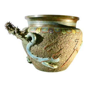Japanese Edo Period Champleve Bronze Jardiniere With Dragon