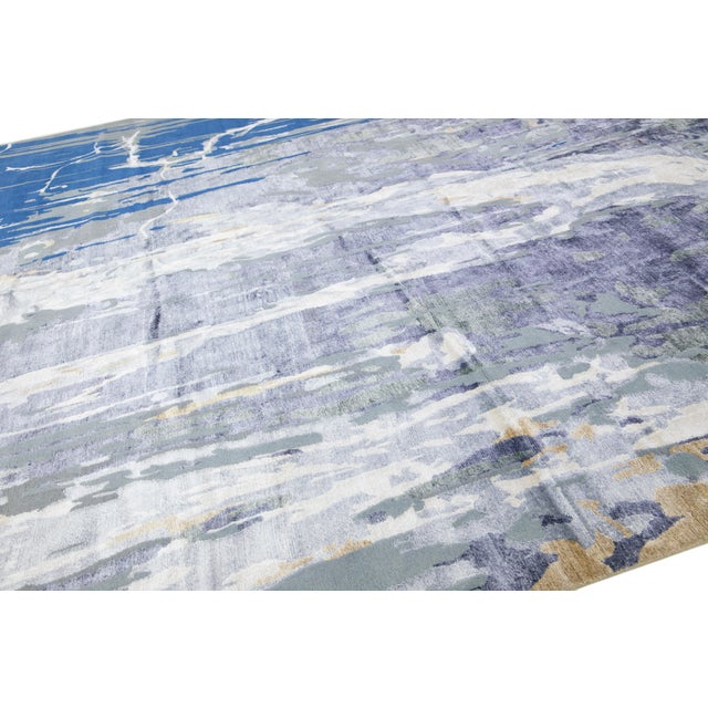 12 X 15 Blue and Gray Contemporary Wool and Silk Rug With Abstract Design For Sale In New York - Image 6 of 10