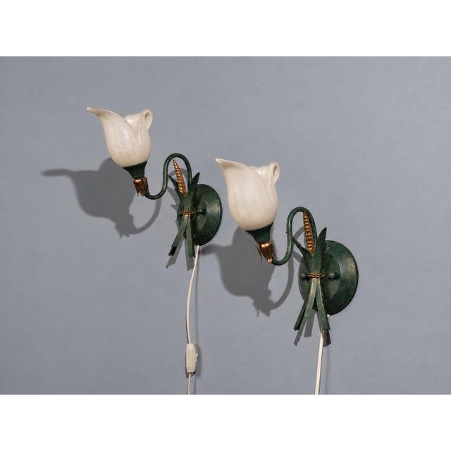Mid-Century Modern 1960s Italian Floral Wall Sconces, Green Metal, Bronze, Glass - Pair For Sale - Image 3 of 12
