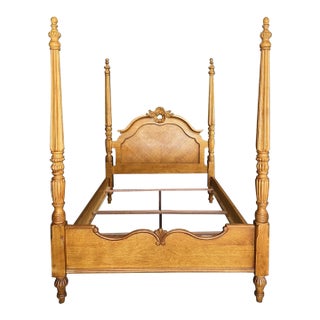Oak Four-Post Queen Size Bed Frame With Carved Crest For Sale
