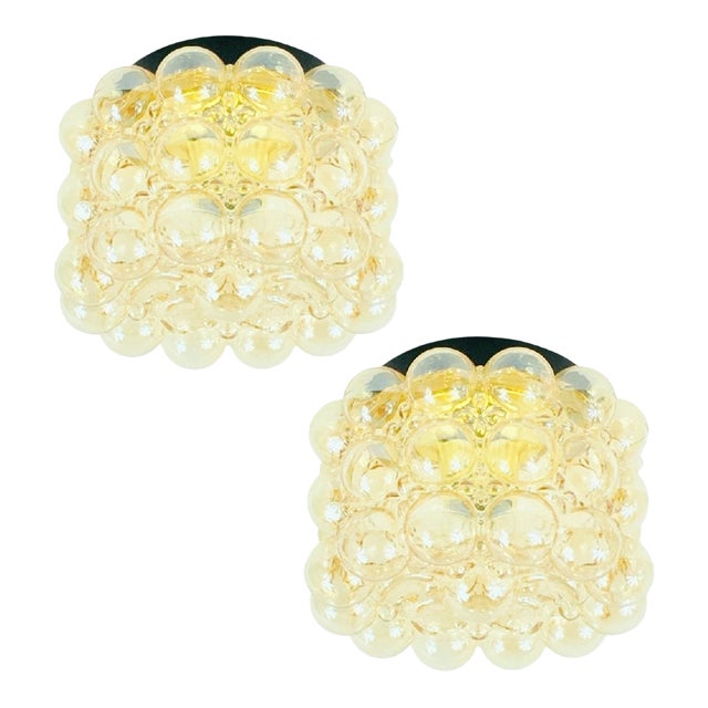 1960s Mid-Century Modern Amber Bubble Glass Ceiling Lights/Flush Mounts by Helena Tynell for Limburg - a Pair For Sale