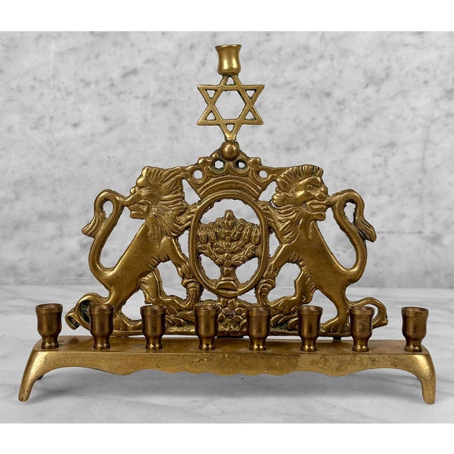 1970s Share Vintage Traditional Brass Lions of Judah Hanukkah Menorah For Sale - Image 5 of 8
