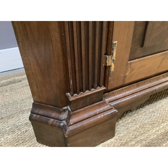 Chestnut Antique Corner Cabinet Burled Wood Painted Interior 2 Pce Fluted Column Arched For Sale - Image 8 of 13