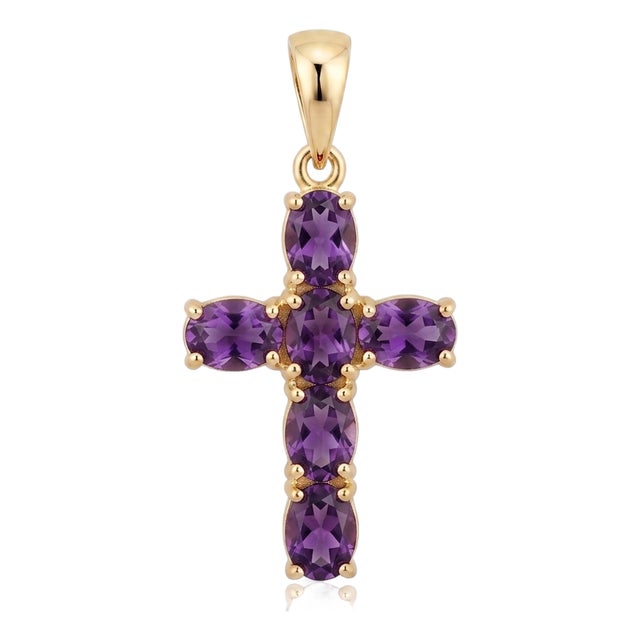 Natural Amethyst Cross Silver Pendant | Purple Gemstone Christian Charm | February Birthstone Faith Necklace For Sale
