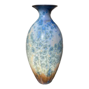 1980s Handmade Light Blue Crystalline Vase