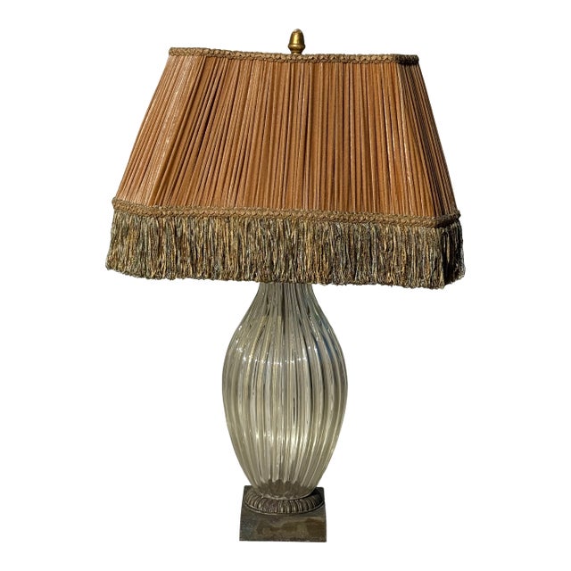 1940s Monumental Murano Glass Lamp With Custom Silk Velvet Fringe Trim Shade For Sale