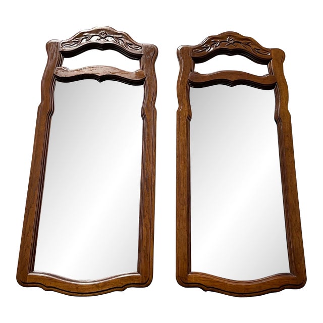 Pair of Vintage Drexel Heritage French Provincial Fruitwood Carved Mirrors, 1970s For Sale