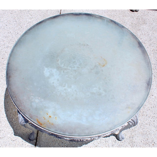 Vintage 1950s Cast Aluminum Patio Set | 5-Piece Outdoor Seating | Rocker Chairs + Bench + Glass Top Table | Hollywood Regency Garden Furniture For Sale - Image 16 of 18