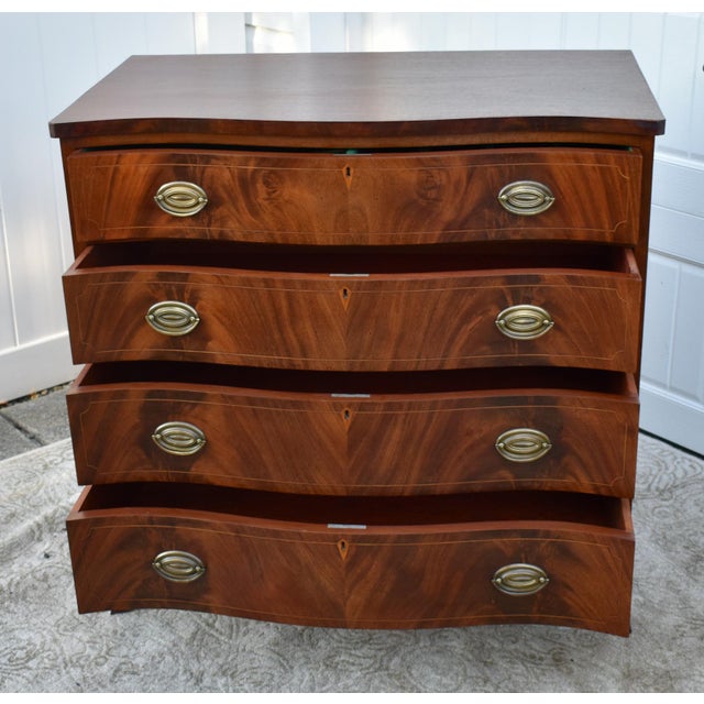 Vintage Inlaid Mahogany Federal Style Bowfront Four Drawer Chest | Chairish