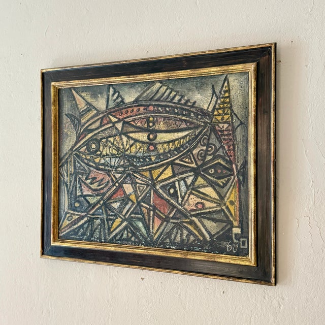 Plastic French Artist, Abstract Geometric Composition with Bold Lines, 1968, Chalk & Acrylic, Framed For Sale - Image 7 of 10