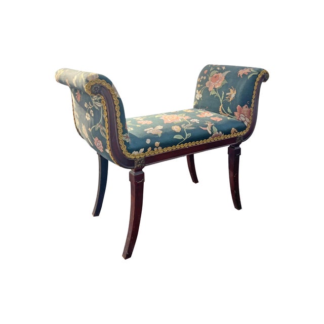 Antique Bench or Settee With Flower Print Upholstery and Mahagony Frame For Sale - Image 4 of 9