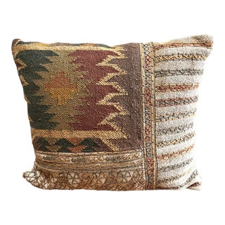 South American Style Earthtone Rustic 22” Square Rug Pillow For Sale