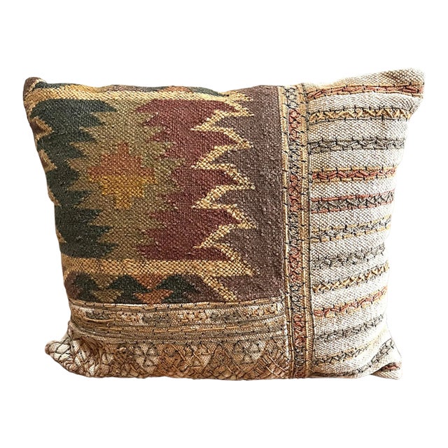 South American Style Earthtone Rustic 22” Square Rug Pillow For Sale