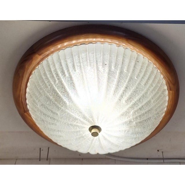 Vintage Ceiling Lamp with Pine Wood Frame and Segmented, Curved Ice Glass Shade, 1980s For Sale - Image 3 of 7