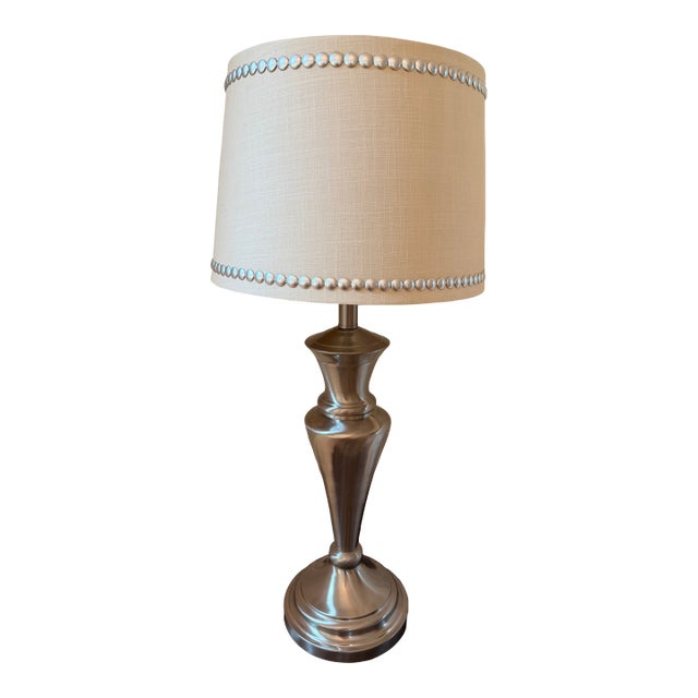 Stiffel Brushed Nickel / Pewter-Tone Modern Classic Table Lamp With Custom Nailhead Linen Shade For Sale