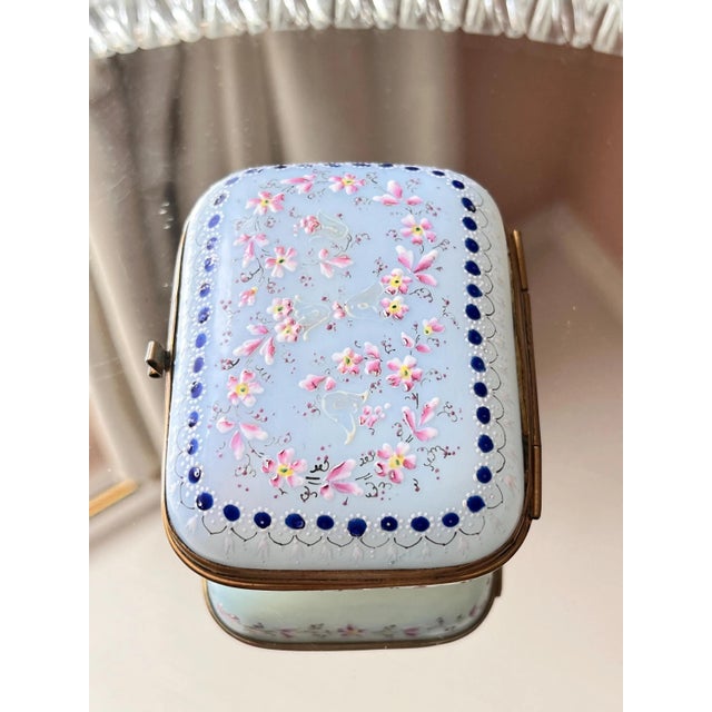 French Beautiful antique pale blue opaline glass box // Napoleon III era // 1850-1870 // hand-enameled boule de savon hinged box // collectible For Sale - Image 3 of 15