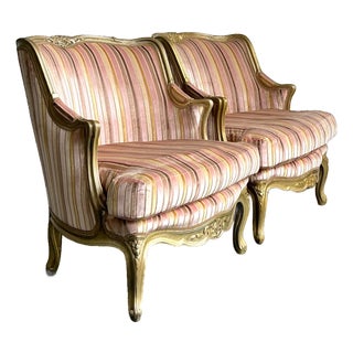 Vintage French Giltwood Striped Devore Bergère Chairs - A Pair For Sale