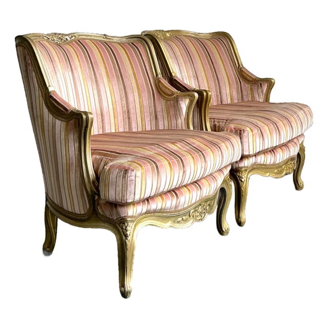 Vintage French Giltwood Striped Devore Bergère Chairs - A Pair For Sale