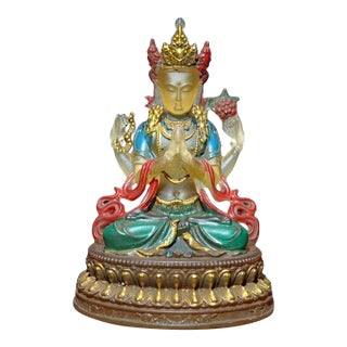 Vintage Chinese Colored Glass (Liu Li) Four-Armed Buddha Statue For Sale