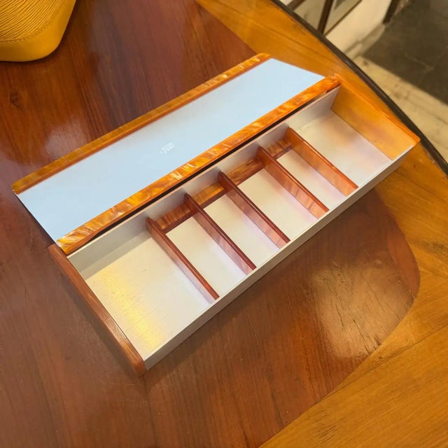 1970s Mid-Century Modern Aluminum, Faux Tortoiseshell Lucite Italian Jewelry Box For Sale - Image 4 of 12