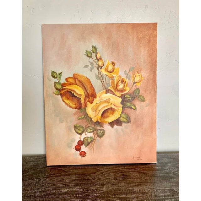 Coral and Yellow Roses Floral Botanic Acrylic Painting - Signed Original For Sale - Image 4 of 4