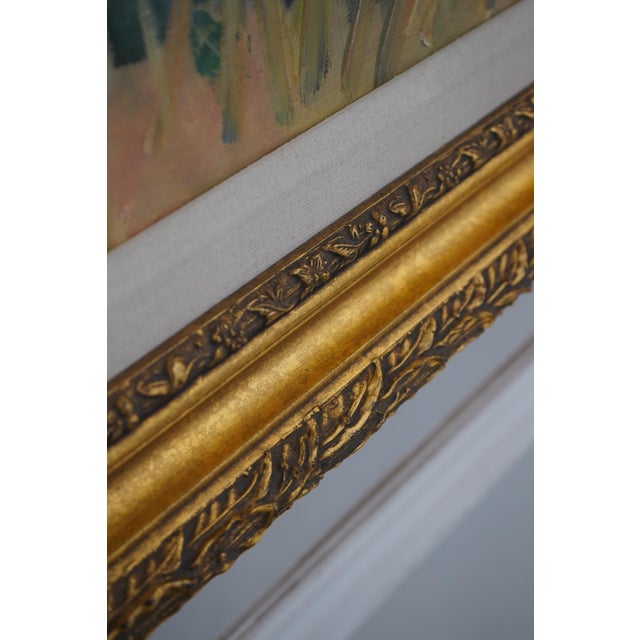 1960s Artist Signed Vibrant Color Lady in Garden Oil Painting on Canvas For Sale - Image 5 of 13