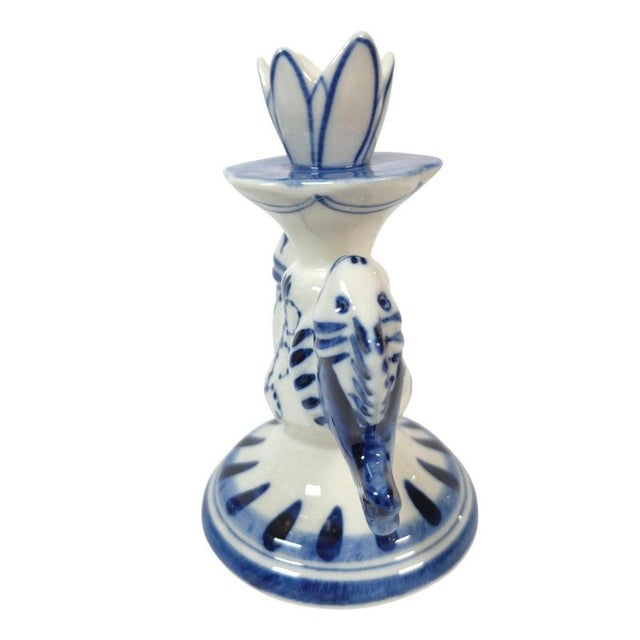 Traditional Vintage Russian Gzhel Blue and White Porcelain Double Fish Candlestick For Sale - Image 3 of 12