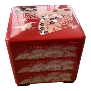 Late 20th Century Yamanaka Japanese Red Lacquer Ware 3 Tiered Stacking Bento Box
