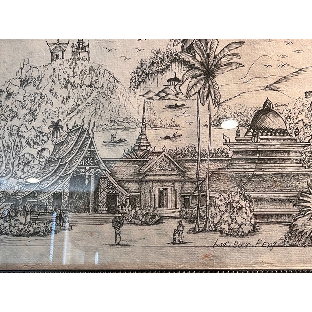 Late 20th Century Late 20th Century Framed Original Pen & Ink Laos Landscape Drawing Laos Boon FEng 18x 14 For Sale - Image 5 of 5