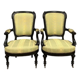 Set of Napoleon III Armchairs in Black Lacquered Wood, 1850s For Sale