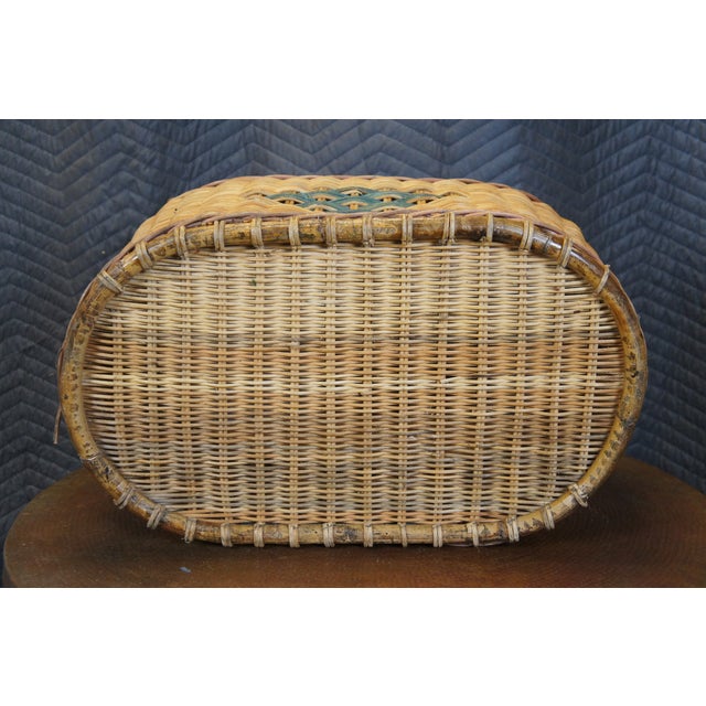 Large Vintage Woven Wicker Harvest Basket with Bentwood Bamboo Handle For Sale - Image 11 of 11