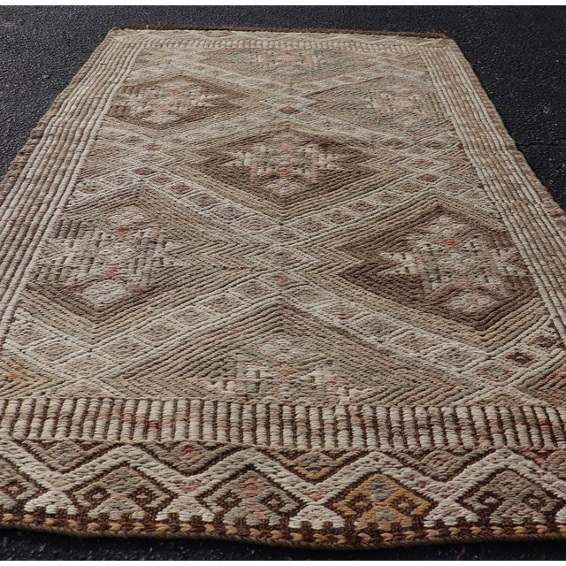 Vintage Turkish Kilim Rug With Diamond Medallions in Taupe, Ivory, and Cocoa For Sale - Image 9 of 11