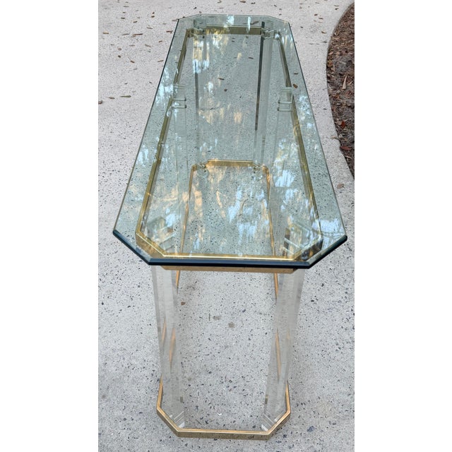 Hollywood Regency Console Table Lucite Pillars Brass Frame in the Manner of Charles Hollis Jones For Sale - Image 13 of 17