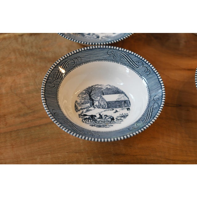 Victorian 1950s Currier & Ives by Royal China Vintage Blue & White Transferware Bowls - Set of 4 For Sale - Image 3 of 6