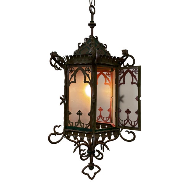 Metal Large Antique Asian Inspired Iron and Steel Lantern, Early 20th Century For Sale - Image 7 of 10