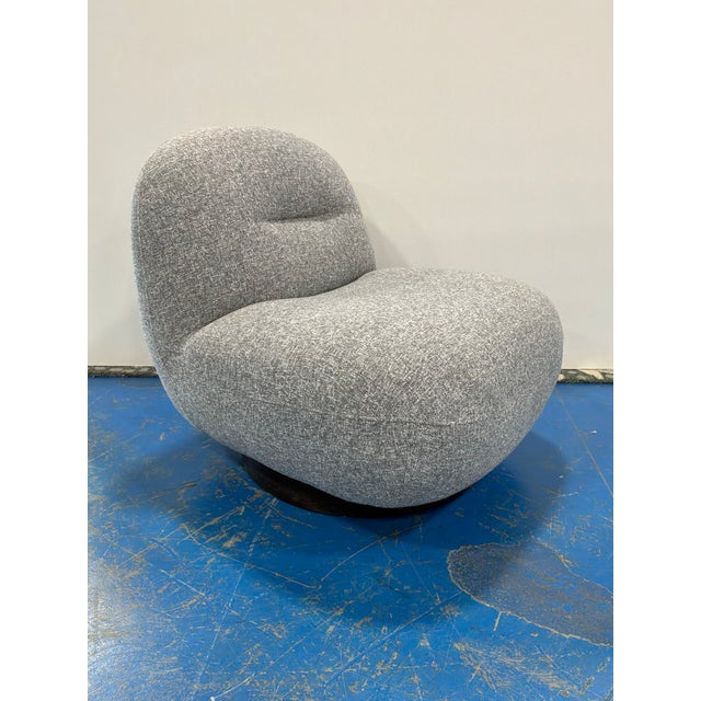 Modern Slipper Swivel Chair, gray nubby fabric. Showroom floor sample.