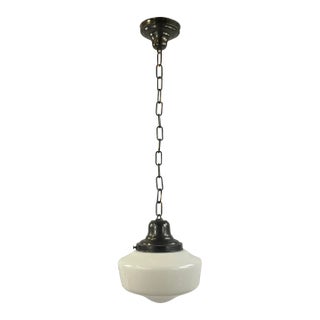 1930s Art Deco School House Milk Glass Globe Pendant. For Sale
